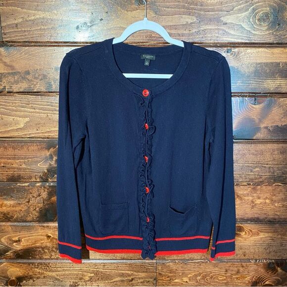 Talbots Lightweight Button Ruffle Nautical Cashmere Blend Cardigan Women Size LP - Picture 16 of 16